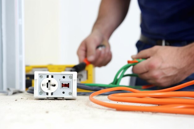 Electrician worker installs light switch and socket on wall in White room Screwdrive Generative AI