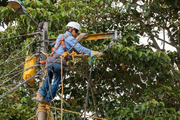 電柱に取り組んでいる電気技師 電力線の修理と設置を変更する電気技師