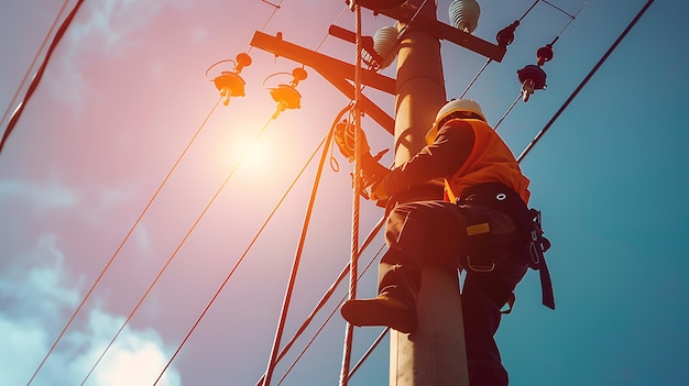 Electrician working on electricity pylon with blue sky background and copy space