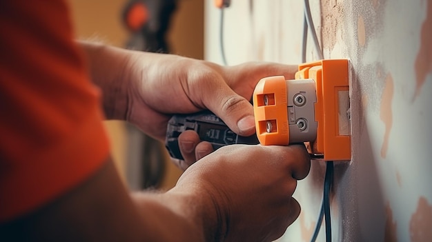 electrician working on a home electrical system he is installing a wall socketGenerative AI