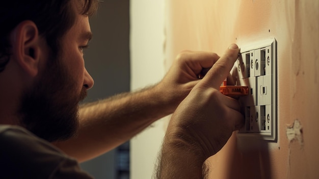 Photo electrician working on a home electrical system he is installing a wall socketgenerative ai