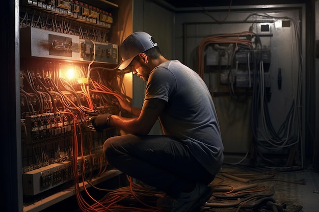 Electrician works in a basement