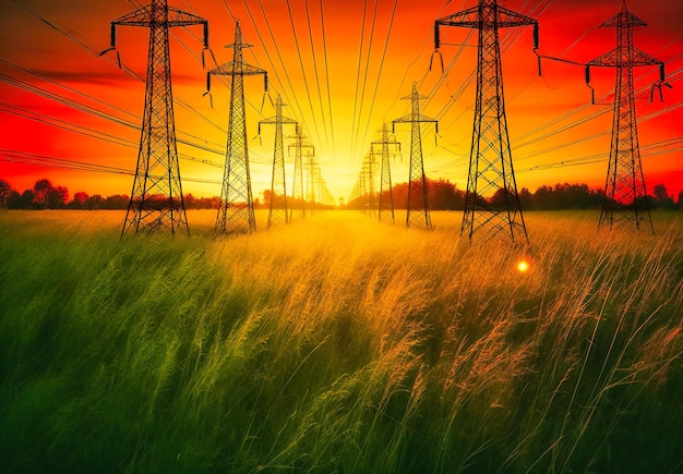 Electricity on the edge power poles on grass