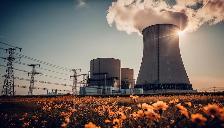 Photo electricity flows through architecture as sun sets generated by ai