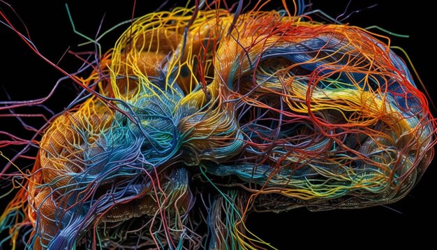 Photo electricity flows through chaotic nerve cells in abstract illuminated illustration generated by artificial intelligence