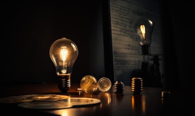 Electricity light bulb in dark Lamp glowing with electric technology Generative AI