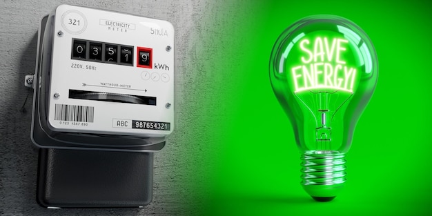 Фото Счетчик электроэнергии и лампочка экономят энергию концепции 3d иллюстрации