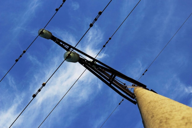 青い空を背景に電力線