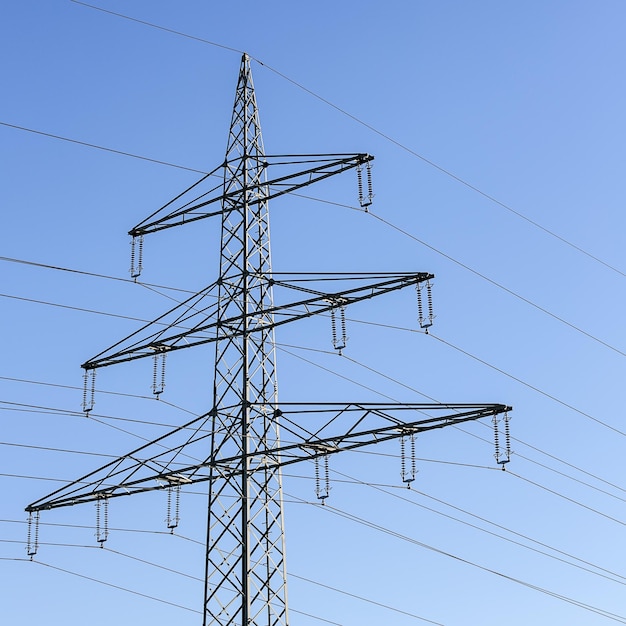 Electricity pylon closeup power pole high voltage against blue sky