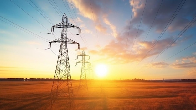 Photo an electricity pylon with the sun setting behind it