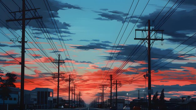 Electricity pylons and power lines at sunset