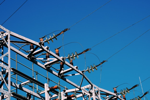  electricity tower and blue sky, electrical power line