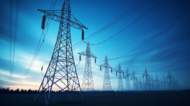 Electricity transmission towers with glowing wires