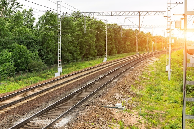 Electrified empty railway with two ways View of the turn