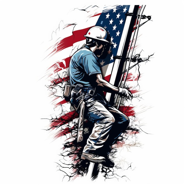 Photo electrifying american pride hilarious highdef vector tshirt graphic of an electrician scaling hig