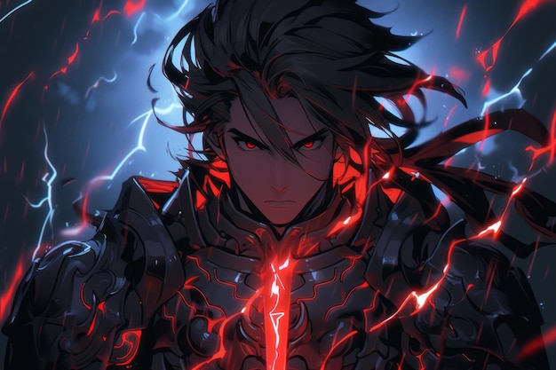 An electrifying anime warrior in neon armor ready for a fierce battle