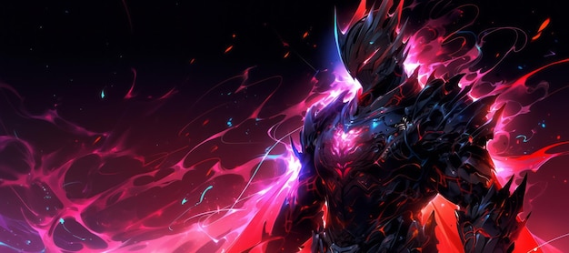 An electrifying anime warrior in neon armor ready for a fierce battle