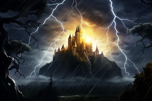 Photo electrifying castle struck by lightning