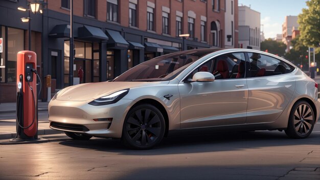 사진 현대식 스테이션에서 충전 중인 tesla model 3 전기적 도시 풍경