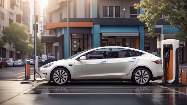 현대식 스테이션에서 충전 중인 Tesla Model 3 전기적 도시 풍경