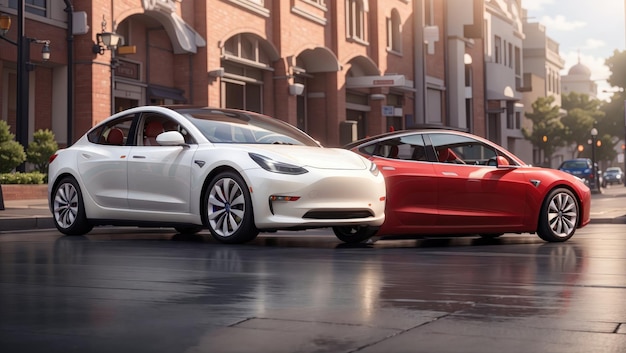 Electrifying Cityscape Tesla Model 3 Charging at a Modern Station