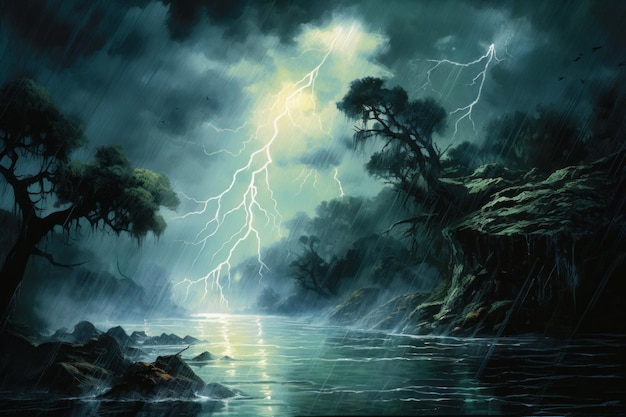 Photo electrifying natures canvas a river with lightning masterpiece in ar 32