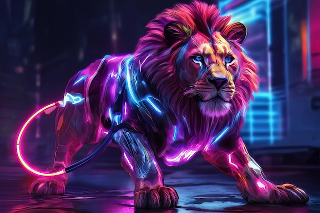 Electrifying neon charge futuristic lion power