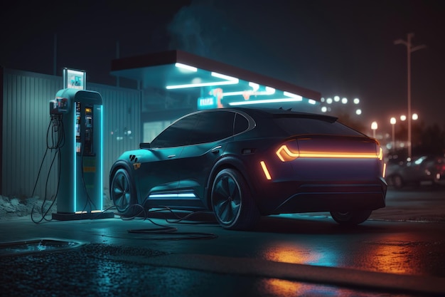 밤에 충전소에 있는 전기 자동차 AI 세대