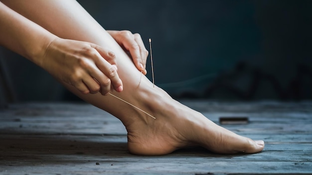 여성의 발목에 바늘로 건조한 전기 침술