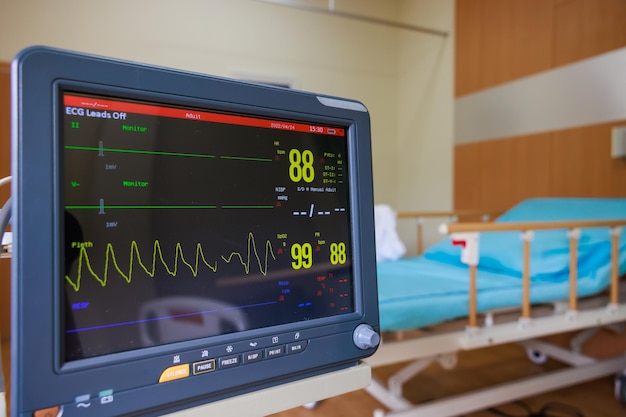 Electrocardiogram EKG heart rate monitor in hospital room for checking heart rate hospitalized patients