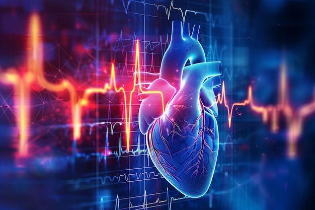 Electrocardiogram and heart concept with hologram heart ECG wave