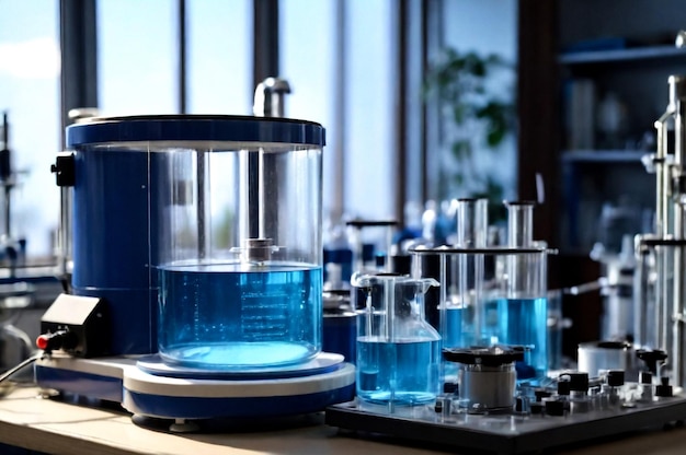Photo electrolysis process equipment for electroanalysis and container with blue acid in chemical laborato