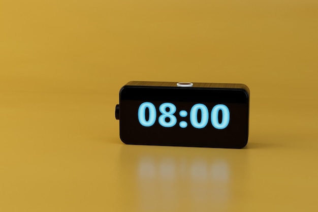 Photo electronic alarm clock. set alarm clock in the morning. black electronic alarm clock 08.00 morning