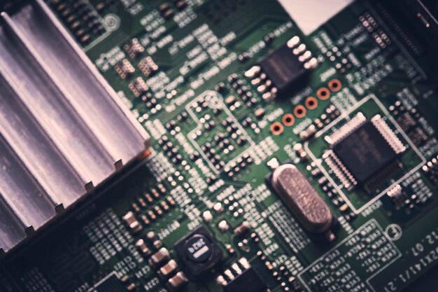 Electronic board with microchips in closeup