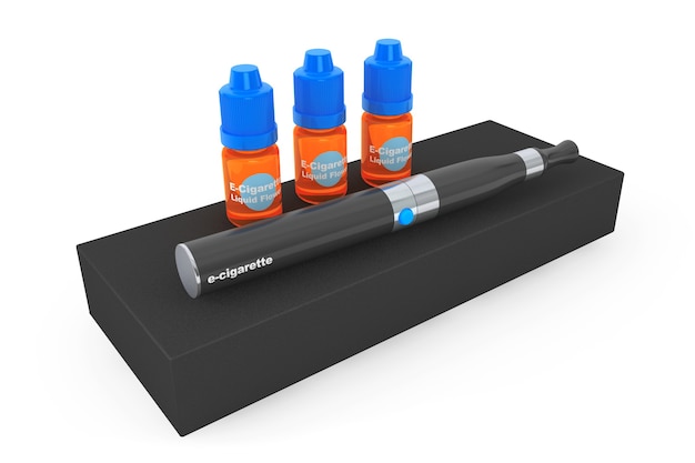 Electronic cigarette with flavor bottles and box on a white background