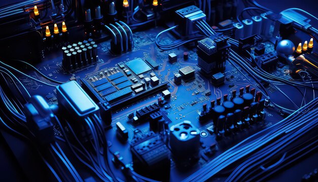 Electronic circuit board closeup in blue light