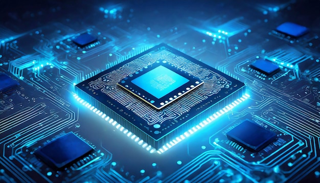 Photo electronic circuit board integrated microchip cpu computer technology