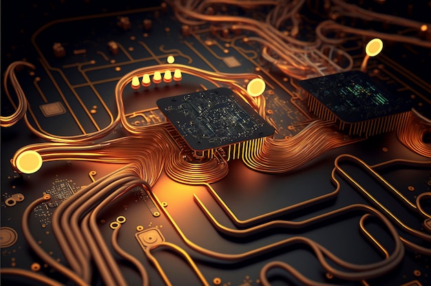 Electronic circuit board with electronic components such as chips close up Created with Generative AI technology