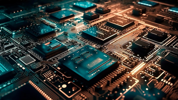 Electronic circuit board with golden microcircuits closeup