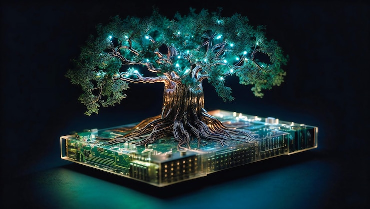Photo an electronic circuit concept with a tree as it grows