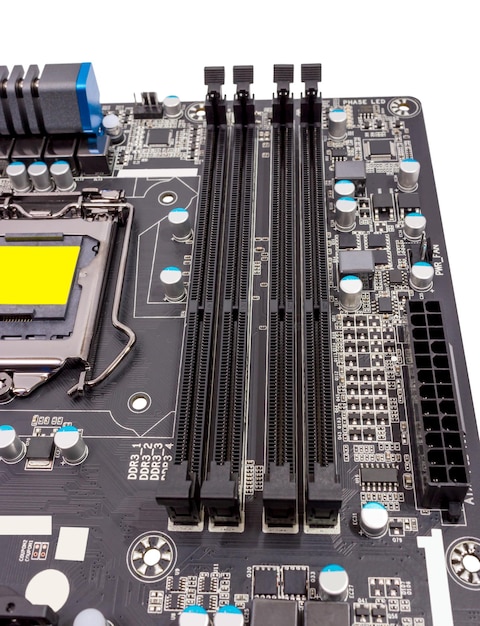 Electronic collection  digital components on computer motherboard with RAM connector