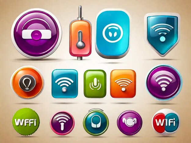 Photo electronic device wireless internet connection wifi symbols glossy icons or stickers set isolated vector illustration