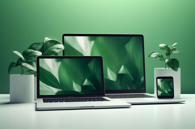 Electronic devices and fresh green leaf on bright background