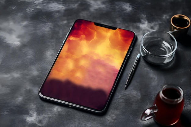 Electronic devices mockup with smartphone or tablet on grey background Mock up with a colorful smartphone screen copy space for text on a tablet screen Generative AI illustration