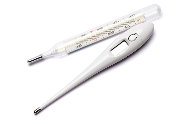 electronic digital and glass mercury celsius thermometer isolated on white background.