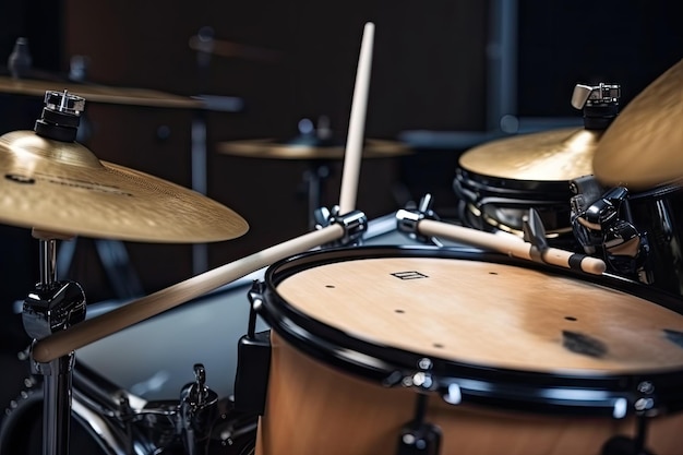 Electronic drums set with drumsticks and cymbals visible in the shot created with generative ai