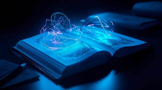 사진 상상력의 새로운 기술 개발을 위한 전자 전자 책 읽기 기호 종이 없는 책 읽기 개념이 있는 파란색 네온 빛나는 전자 책을 열었습니다. generative ai 학습을 위한 전자 책을 열었습니다.