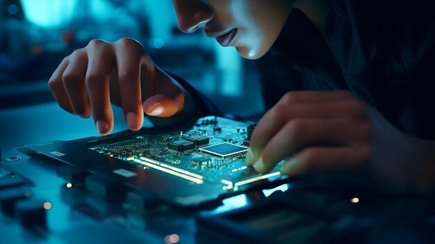 An electronic engineer assembling a cutting edge circuit board