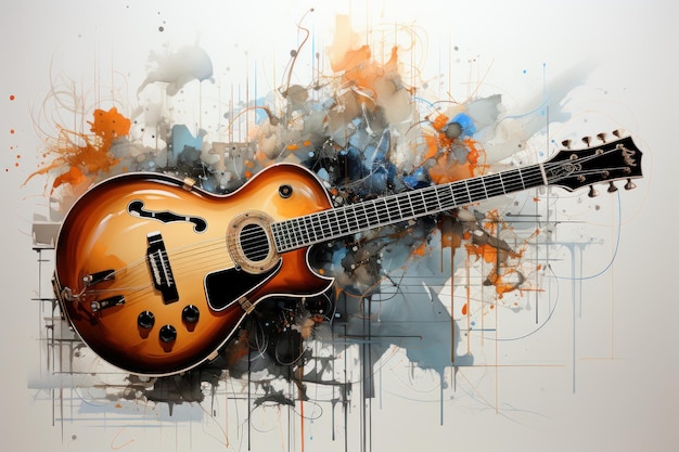 Electronic guitar with flowers and watercolor splashes classic music poster illustration
