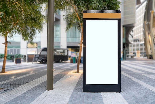 Electronic modern empty scoreboard on the background of a city street Blank mock up of vertical street poster billboard on city background